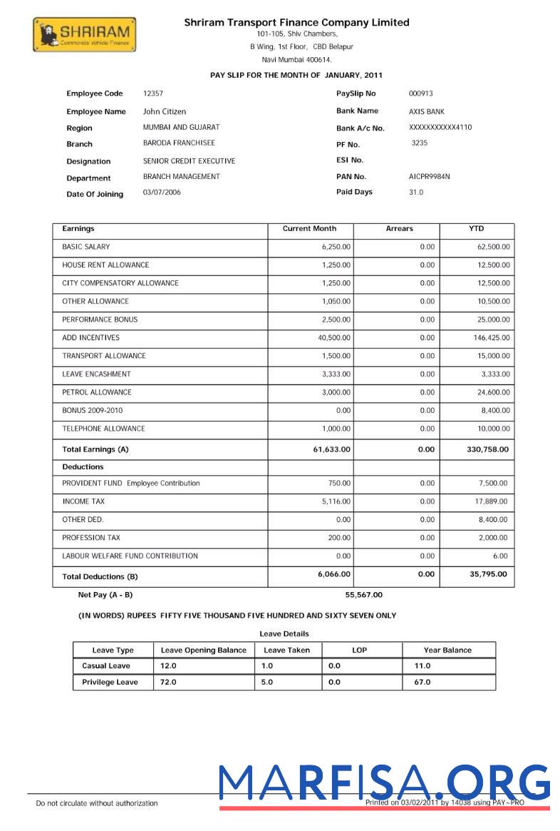 Realistic India Shriram Transport Finance Company Limited payslip example